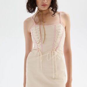 Cream and Pink Lace-Up Dress